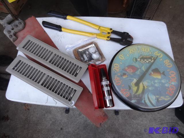 lot 176 image: Hand saw, Fish Thermometer, 18" Bolt Cut...
