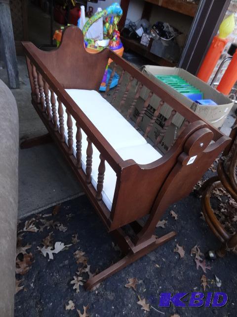 lot 220 image: Vintage Wood Cradle with Mattress...