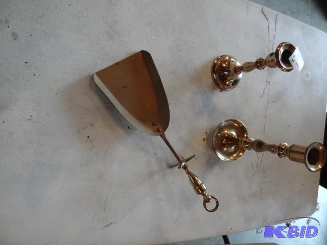 lot 271 image: 2 Brass Candle Sticks, Brass Hand Scoop...