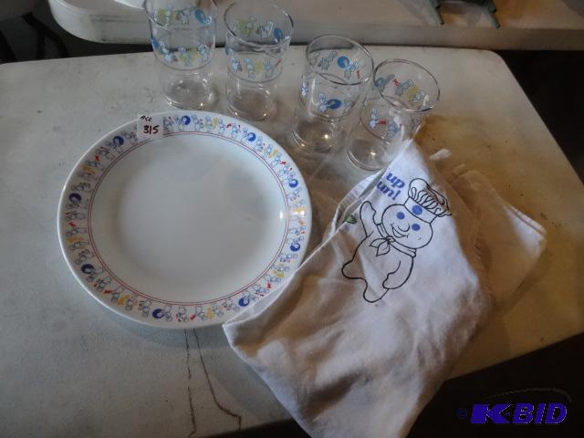 lot 315 image: Poppin Fresh Apron, 4 Water Glasses, Plate...