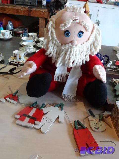 lot 316 image: Stuffed Santa, Missing Hat, Wood Decorative S...