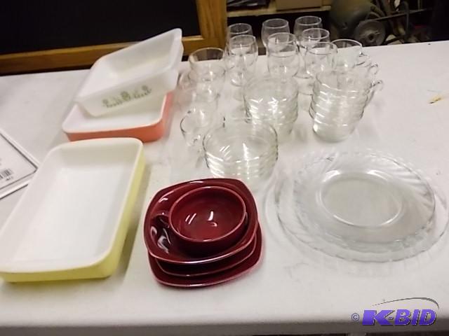 Lot Of Glassware Goblets, Plates, Pyrex Cass...