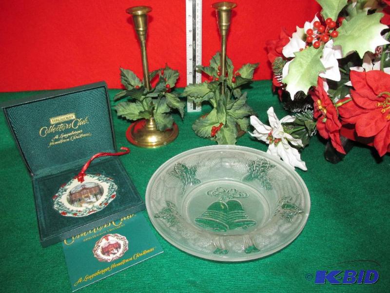 1996 Longabergers Collectors Ornament Frosted Crystal Candle Plate 2 Vintage Brass Candle Sticks