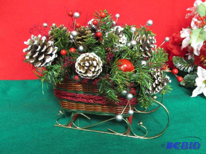 Cute Sleigh Basket filled with Pine Cones and Baubles