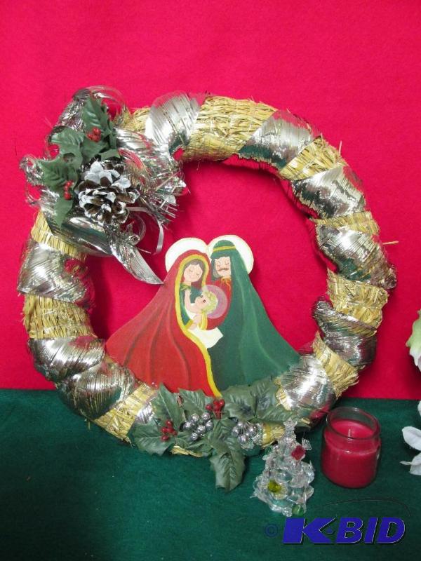 Straw Wreath with a nice painting of the Holy Family Small Tree with a candle comes with it
