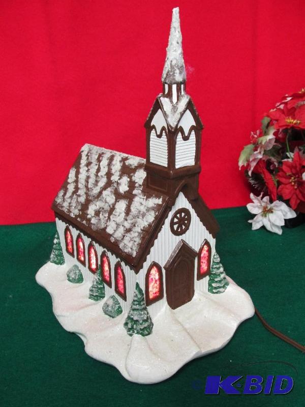Large Ceramic Church with Stained Glass Windows