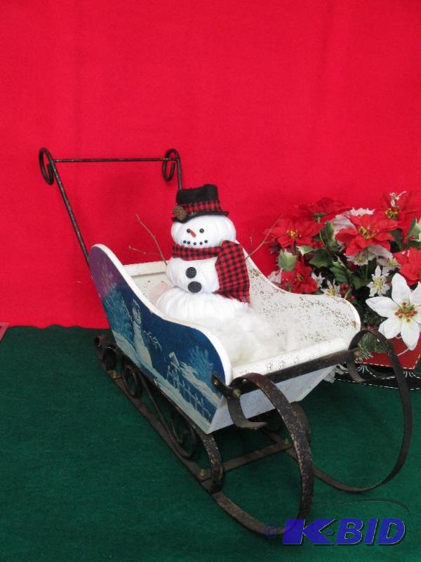 Wood and Metal Sled and Cloth Snowman.