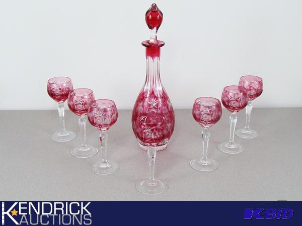 lot 130 image: 9 Piece Cut Crystal Red Bohemian Glass Serving Set