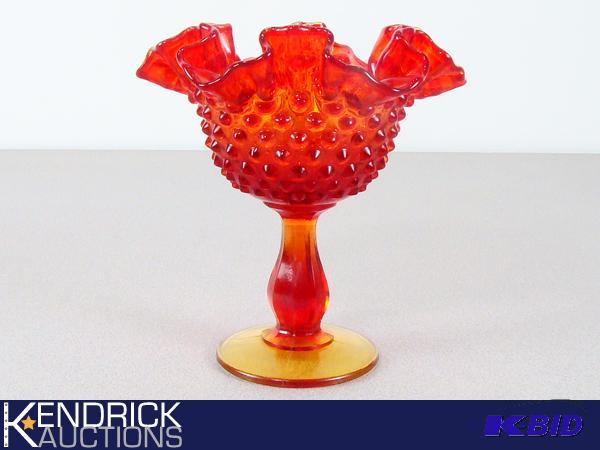 lot 136 image: RedOrange Hobnail Handkerchief Footed Compote