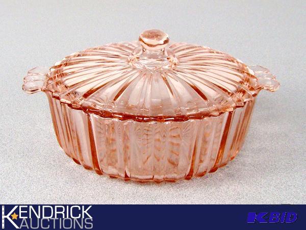 lot 168 image: Pink Depression Glass Covered Dish