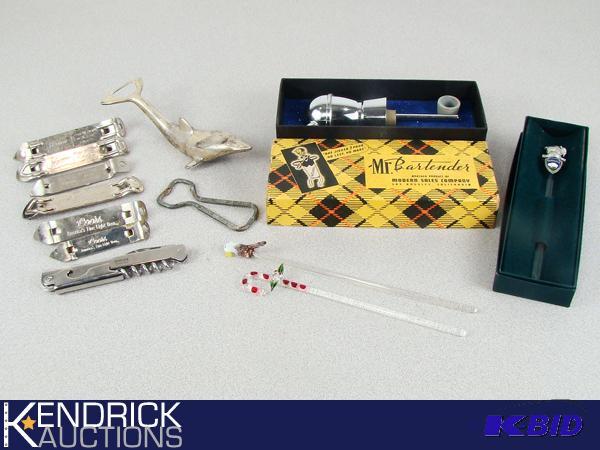 lot 17 image: Lot of Collectible Vintage Metal Beer Can Openers, Glass Stir Sticks, and Other Bar Items