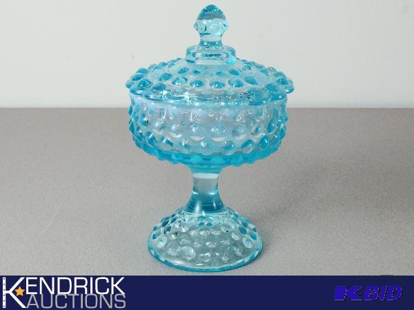 lot 182 image: Blue Opalescent Hobnail Covered Footed Depression Glass Compote