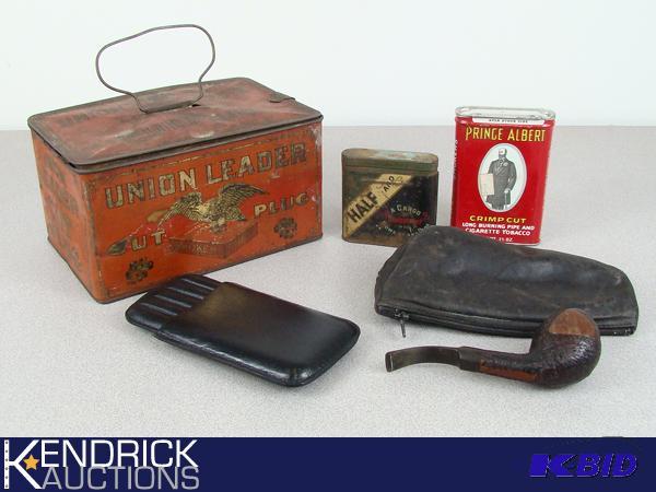 lot 24 image: Lot of Vintage Tobacco Tins, Briar Denmark Pipe, and Other Vintage Tobacco Items