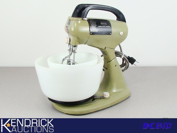 lot 53 image: Vintage Scovill Hamilton Beach Electric Standing Mixer with 2 Milk Glass Bowls