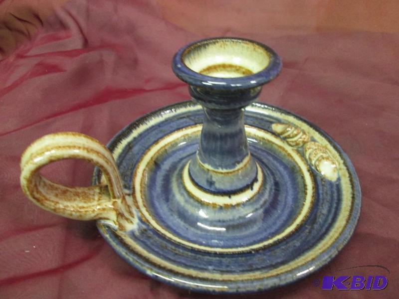 lot 116 image: Blue and Tan Ceramic candle holder, signed on...