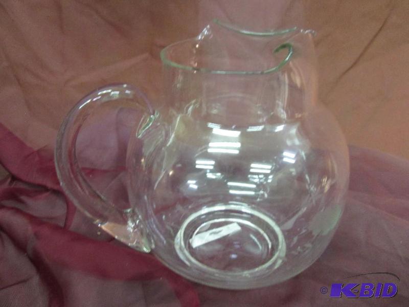 lot 122 image: Etched 2 quart pitcher with spout...