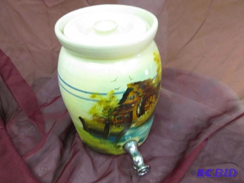 lot 140 image: Marshall Pottery Painted crock with lid, spou...