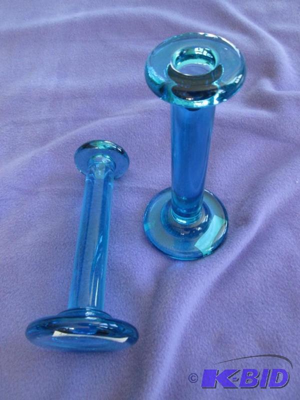 lot 218 image: Blue glass candlesticks, 7 tall...