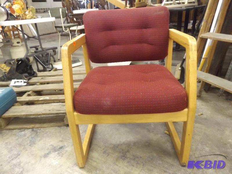 lot 267 image: Office Chair, wood frame with maroon cushions...