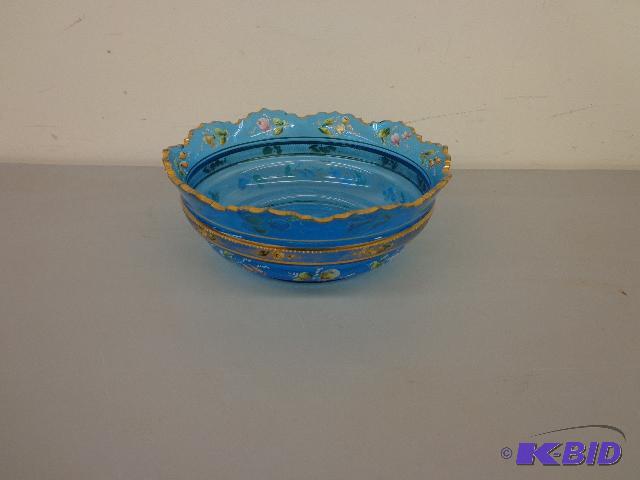Blue Glass Bowl Flower accents Gold Banding a...