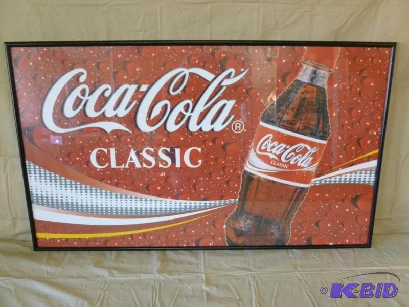 lot 14 image: Large Coca-Cola Classic metal framed&nbspsig...