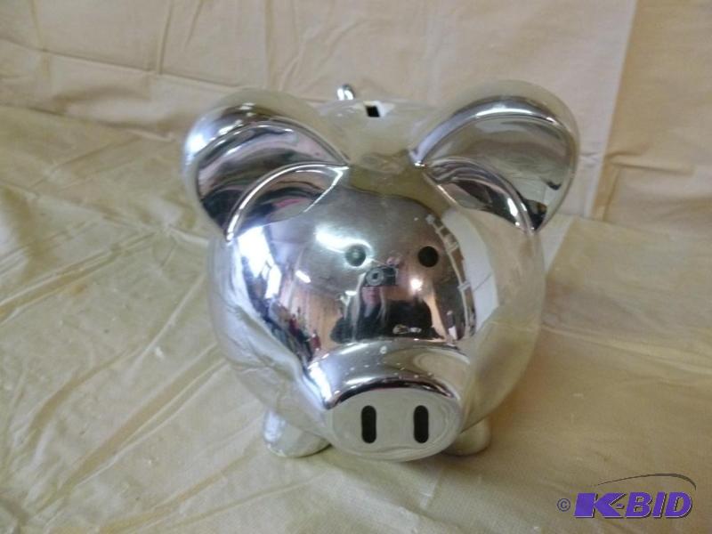 lot 85 image: Large chrome plated porcelain pig coin bank t...