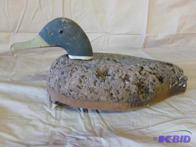lot 9 image: Vintage cork mallard duck decoy with wood hea...