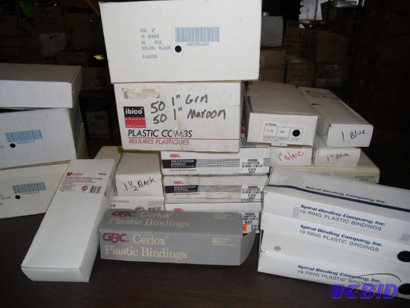 lot 20015 image: Assorted Plastic Comb Spiral and Wire Bindings, Pocket Folders, Burgundy Transparent Covers