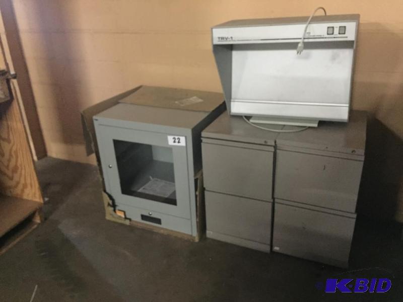 lot 22 image: Lot of 2 file cabinets, one machine cabinet, ...