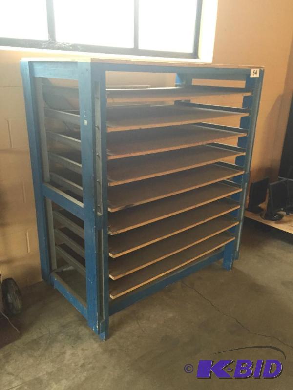 lot 54 image: Wooden flat storage rack....