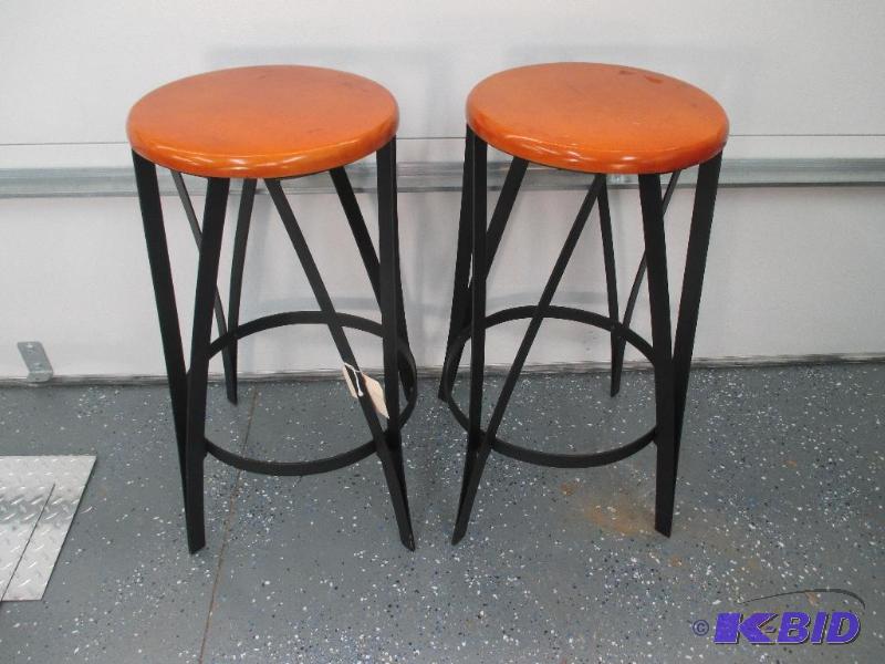 2 Metal Leg stools with wood seat