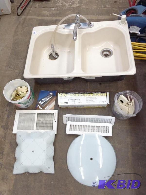 lot 132 image: Kohler Cast Sink   2 Slot  Faucet, Sprayer &a...
