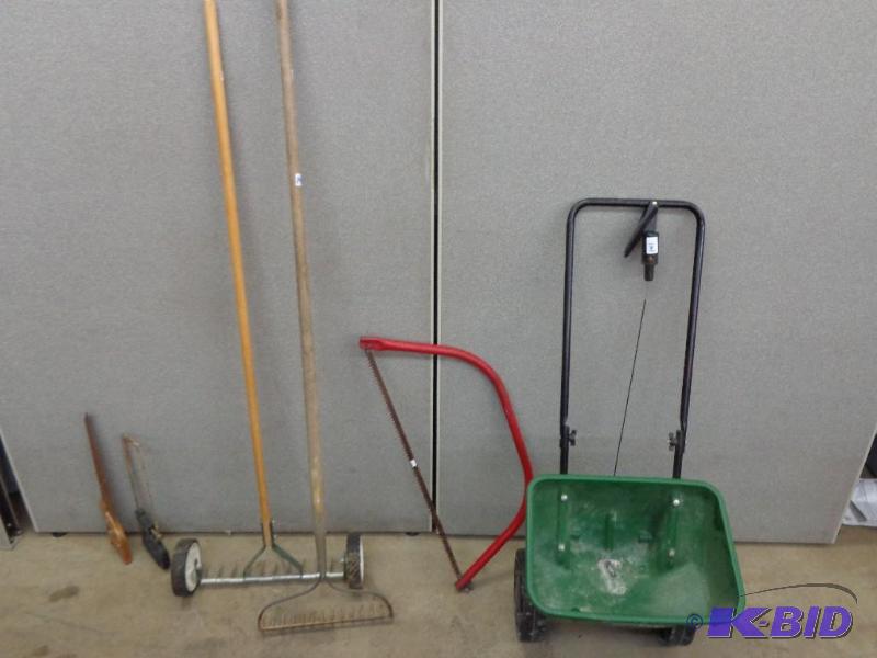 lot 141 image: Yard Tools   Hack Saw  Wood Saw  Grass Spread...