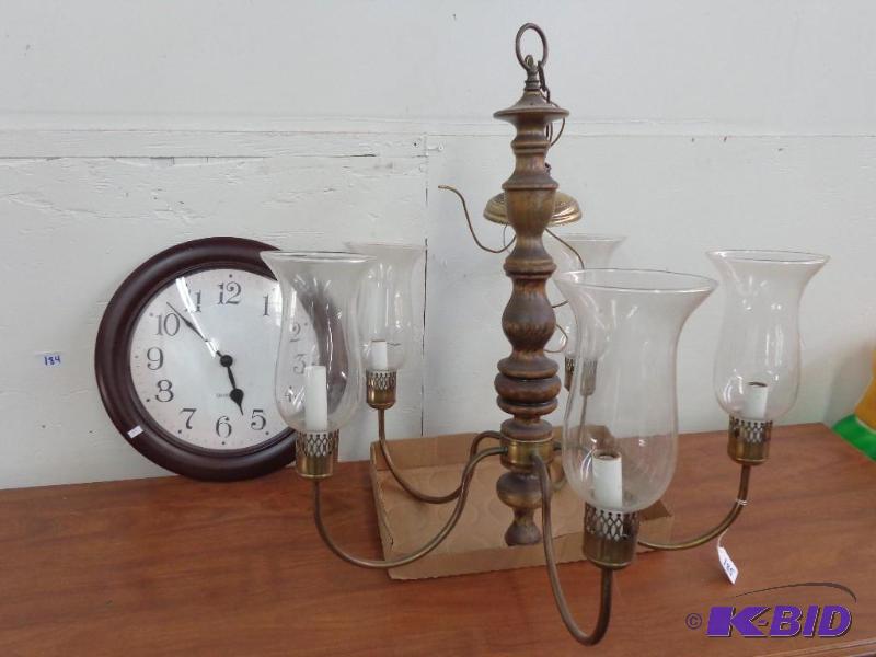 lot 185 image: Chandelier   5 Bulb  Wood w Brass  Good Cond...