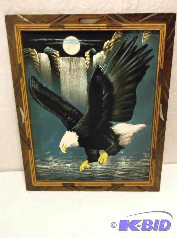 lot 105 image: Black velvet painted picture in solid wood fr...