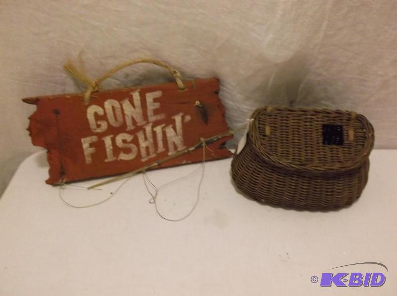 lot 108 image: Cute decorative sign & fishing creel....