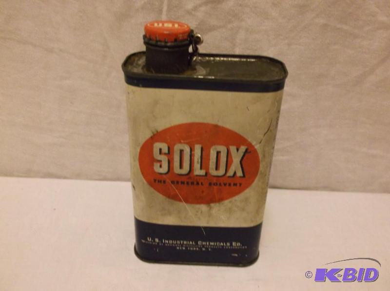 lot 89 image: Vintage Solox solvent can in great displayabl...