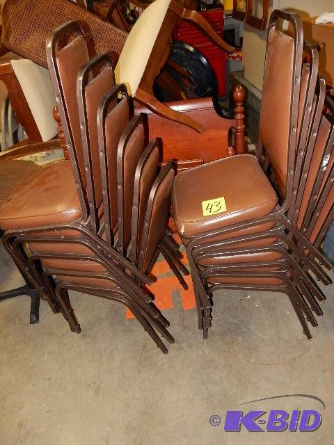 12, Stackable metal and brown vinyl Chairs.. ...