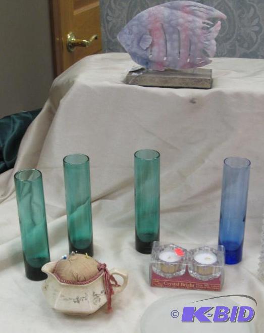 lot 235 image: Qty 9 Fish candle holder, some vases, and mor...