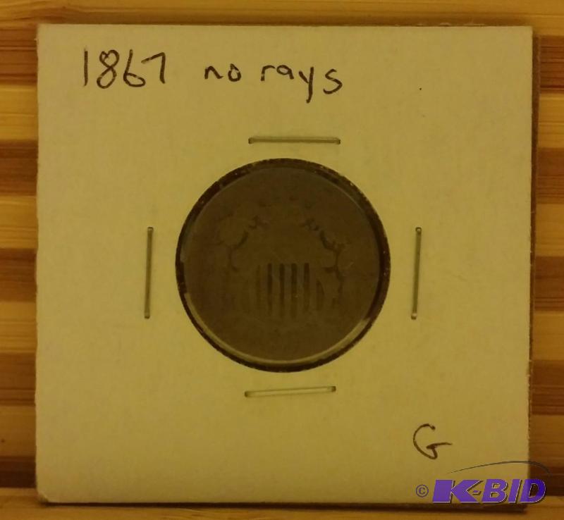1867 SHIELD NICKEL NO RAYS VARIETY...