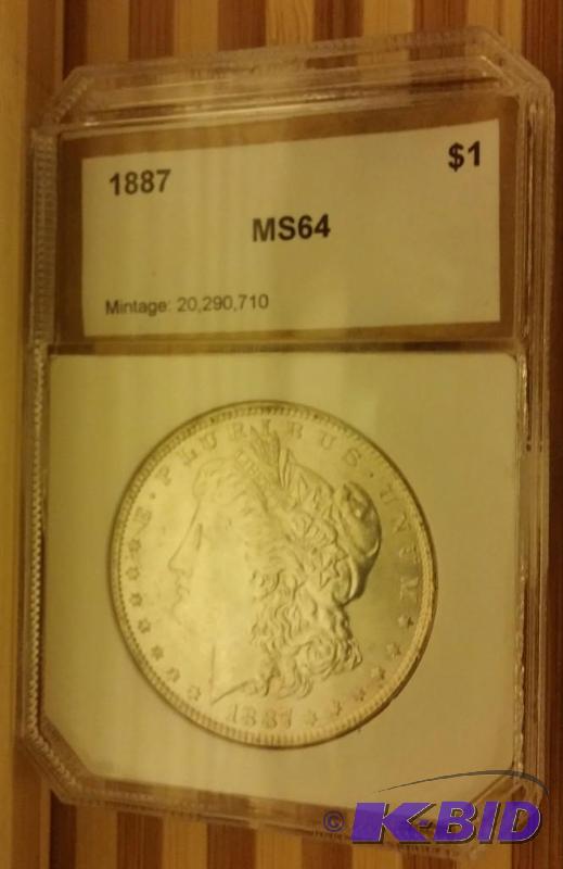 1887 MORGAN SILVER DOLLAR SLABBED MS 64 BY PC...