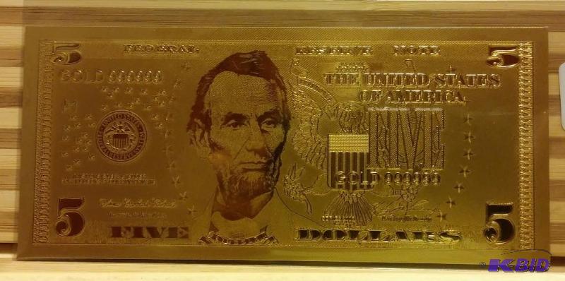 5 DOLLAR GOLD BILL, PURE 24K GOLD PRESSED ONT...