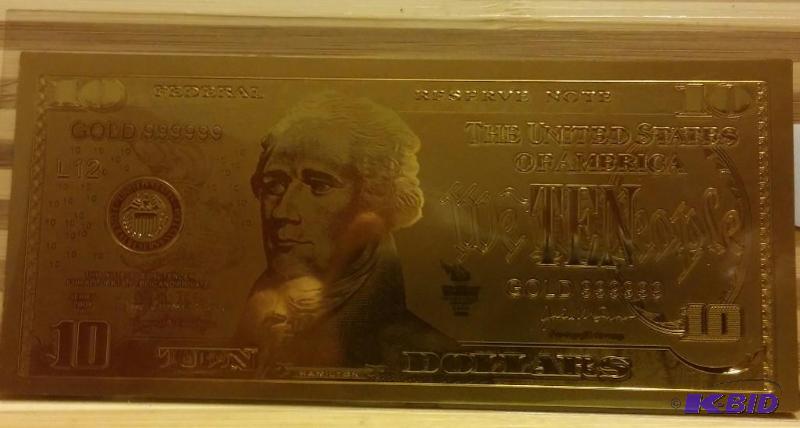 10 DOLLAR GOLD BILL, PURE 24K GOLD PRESSED ON...