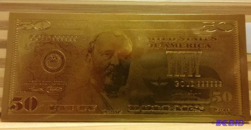50 DOLLAR GOLD BILL, PURE 24K GOLD PRESSED ON...