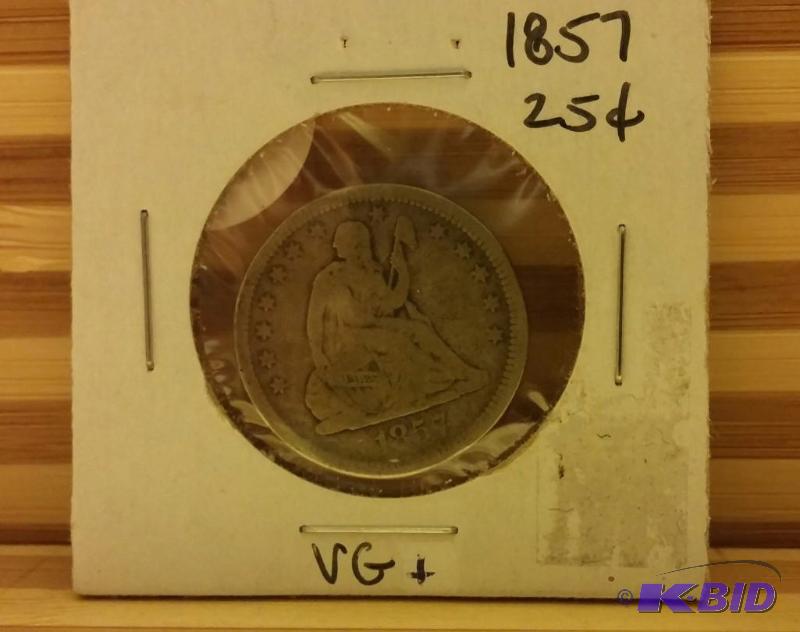 1857 SEATED QUARTER, VERY NICE EXAMPLE, 90% S...