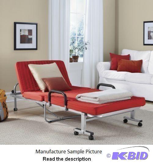 lot 116 image: Red and Silver Folding Bed - Unfold the metal...