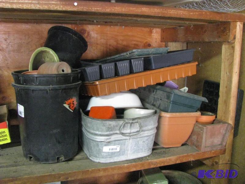 lot 103 image: Shelf lot of Garden items, Ceramic Pots, Galv...