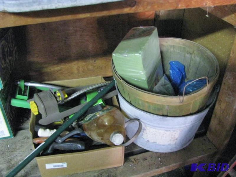 lot 104 image: Shelf lot of Garden items, wooden basket, met...
