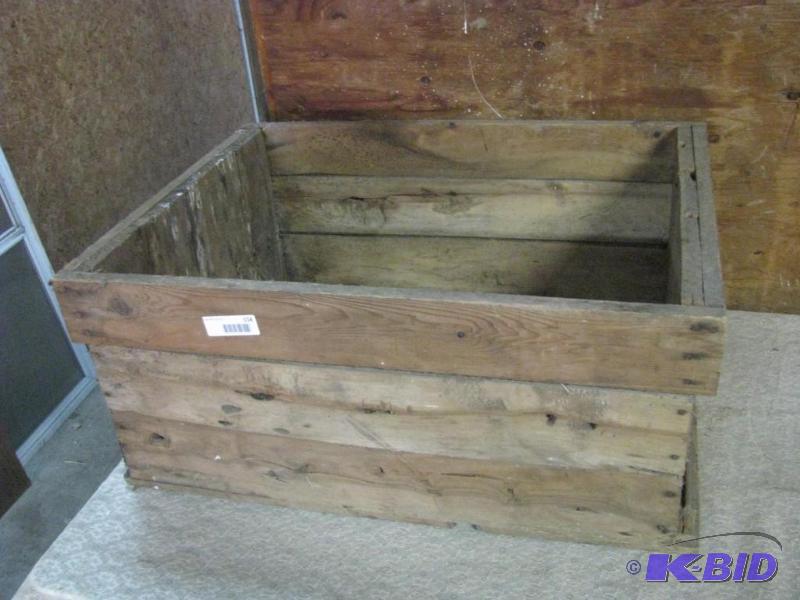 lot 114 image: Vintage large wood crate. 29.5x22. solid cond...