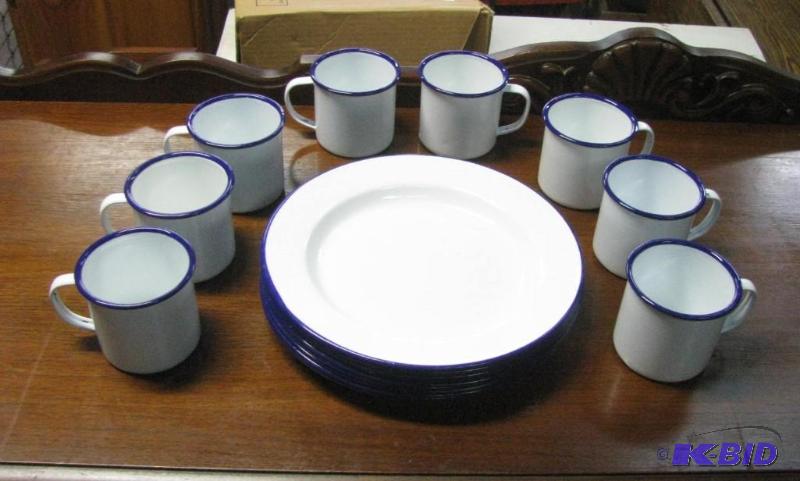 lot 117 image: Enamel Ware. 8 plates & 8 cups. White wit...